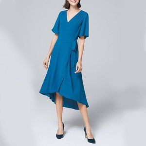 WHBM REMOVABLE SLIP High-Low Wrap Dress Digital Teal Blue L